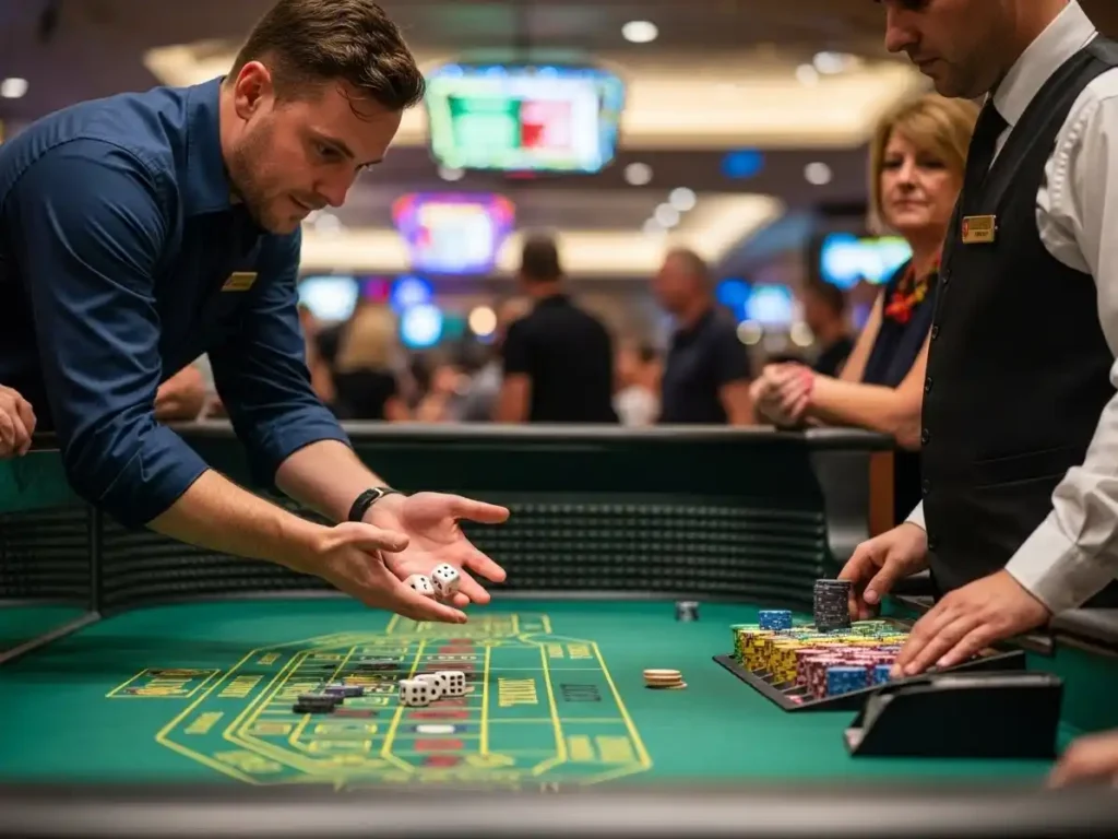 Focused casino guest placing bets during a craps game at golden dragon casino.