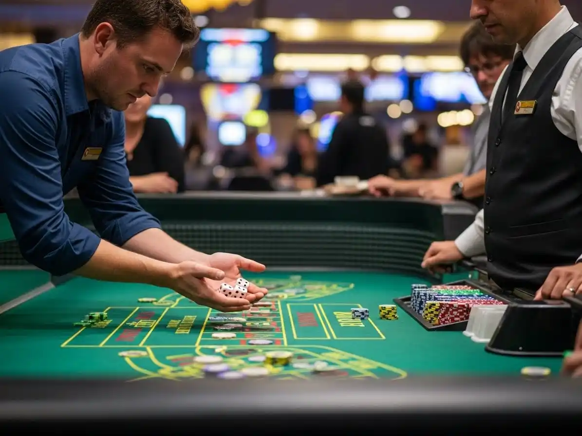 Person rolling dice at a craps table in golden dragon casino, enjoying a lively casino gaming experience.