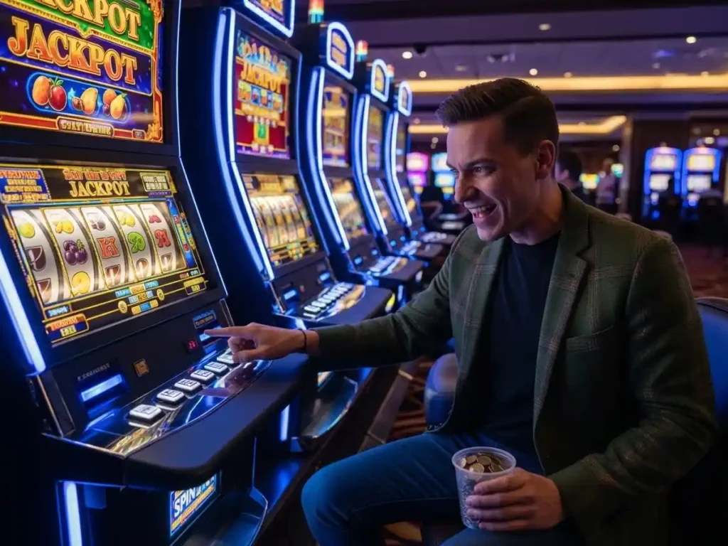 Casino guest enjoying slot machine gameplay at jk4 casino surrounded by bright casino lights.