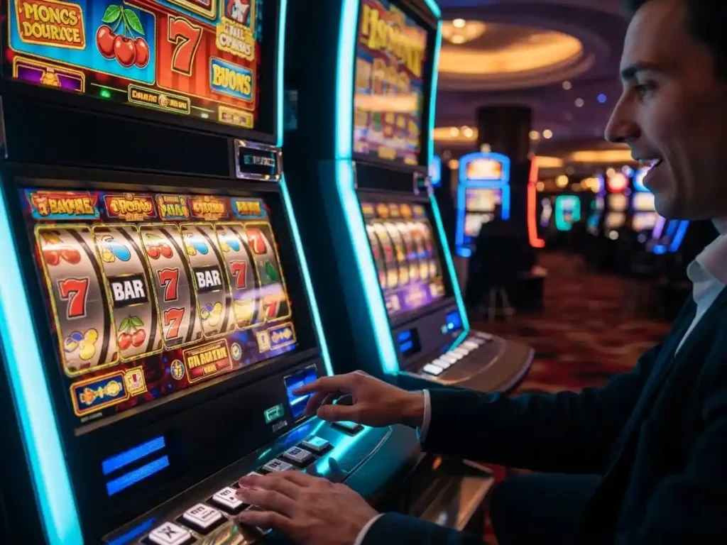Excited person spinning reels on a slot machine at jk4 casino inside a lively gaming area.