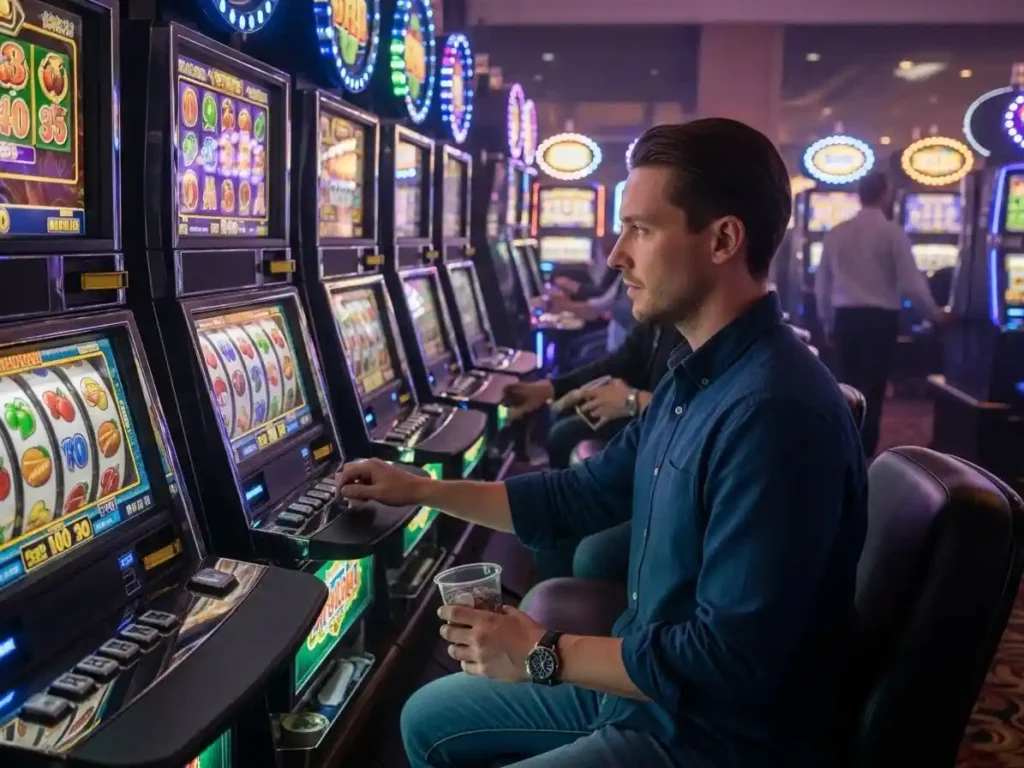 Casino player focused on digital slot machines at jk4 casino with flashing lights and bonus symbols.