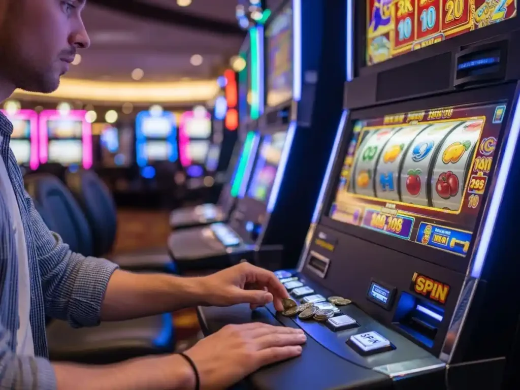 Person playing slot machines at jk4 casino, pressing buttons while colorful reels spin on the screen.