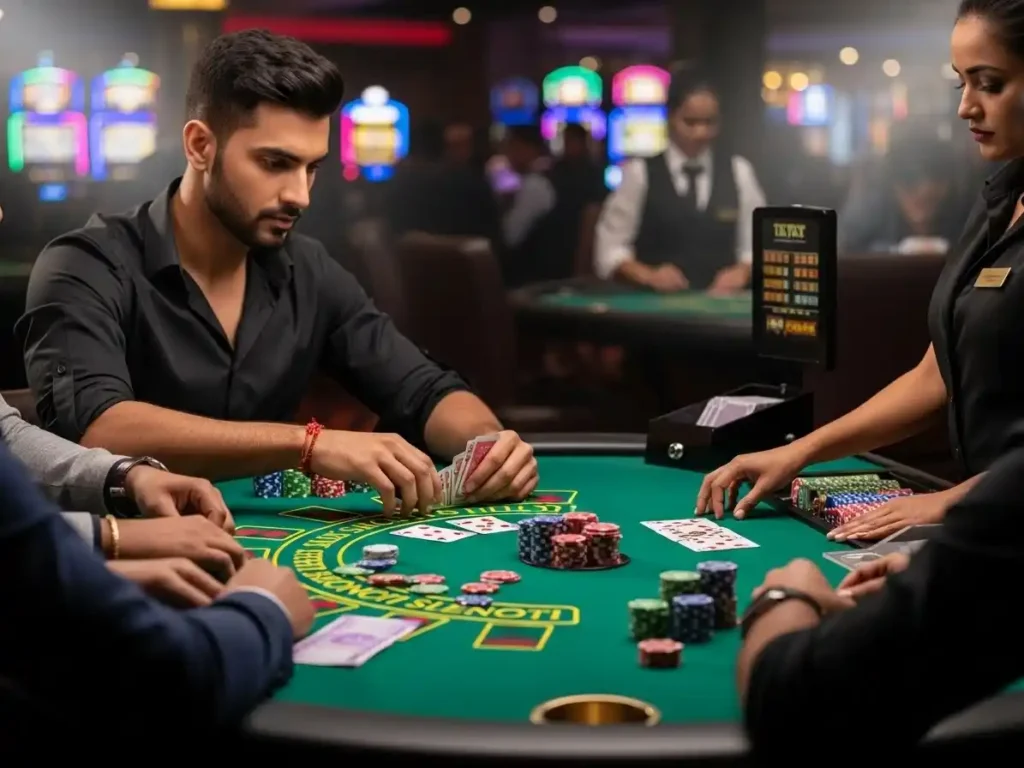 Person playing Teen Patti at pera57 casino, holding cards and chips at a lively casino table.