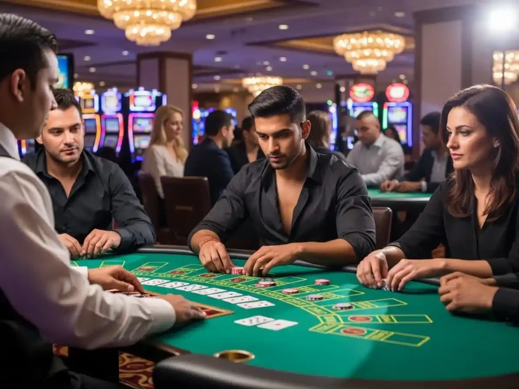 Player reacting to the cards while playing Teen Patti at pera57 casino, surrounded by casino lights.