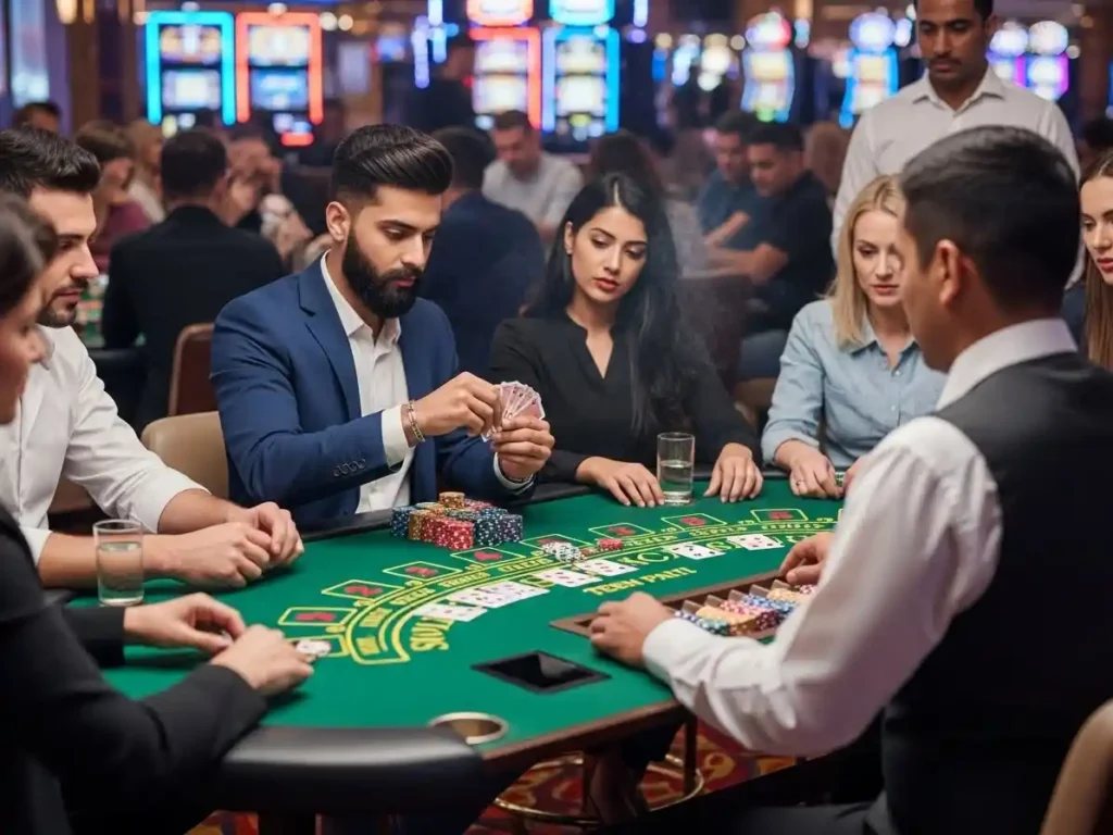 Focused casino player enjoying Teen Patti gameplay at pera57 casino with cards laid on the table.