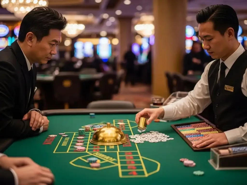 Focused casino player betting on Fan-Tan at ph11 casino login with markers on the Fan-Tan layout.