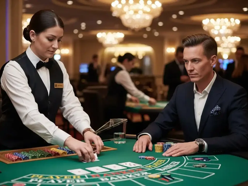 Excited player observing the Mini Baccarat results at ph222 casino with cards and chips on display.
