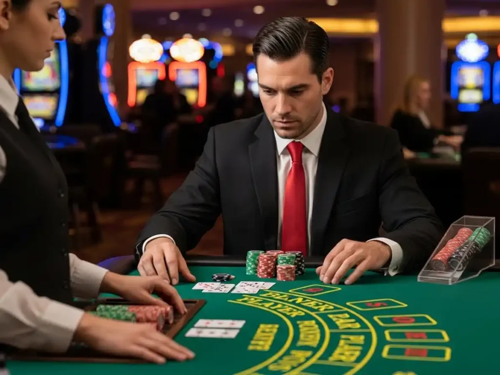 Casino player placing chips on Player and Banker during Mini Baccarat at ph222 casino.