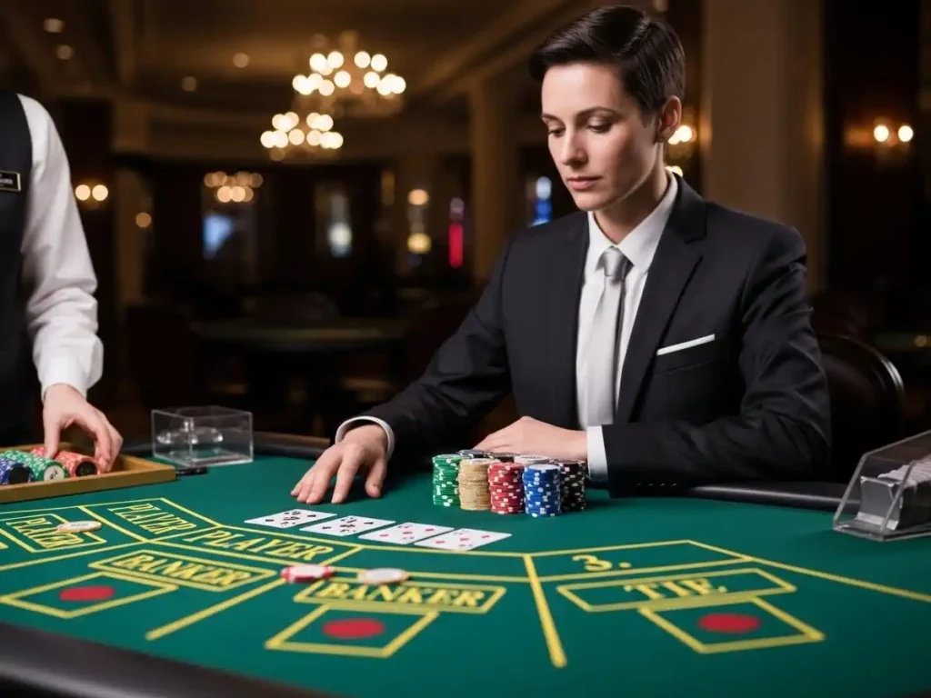 Focused casino player watching the cards during Mini Baccarat at ph222 casino table.