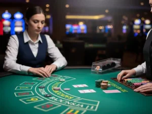 Person playing Mini Baccarat at ph222 casino, placing bets on the baccarat table in a lively casino setting.