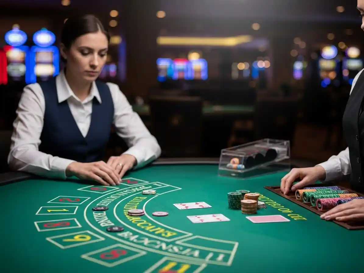 Person playing Mini Baccarat at ph222 casino, placing bets on the baccarat table in a lively casino setting.