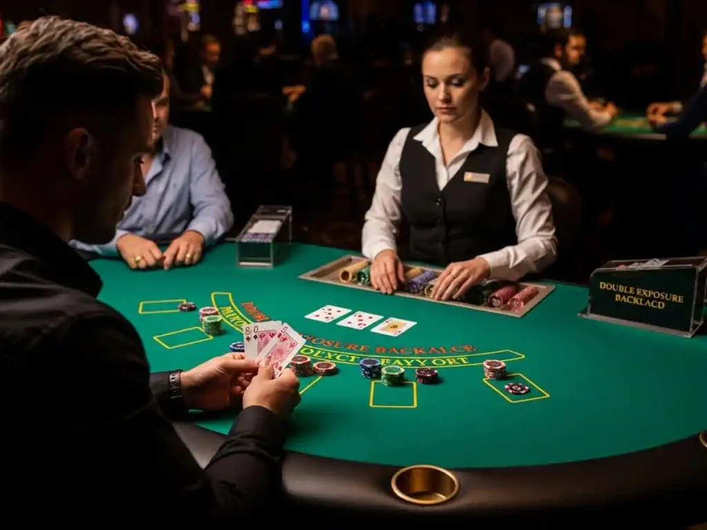 Excited player observing dealer cards in Double Exposure Blackjack at phjoy casino.