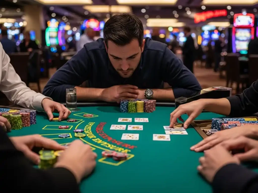 Casino player placing chips while playing Double Exposure Blackjack at phjoy casino table.