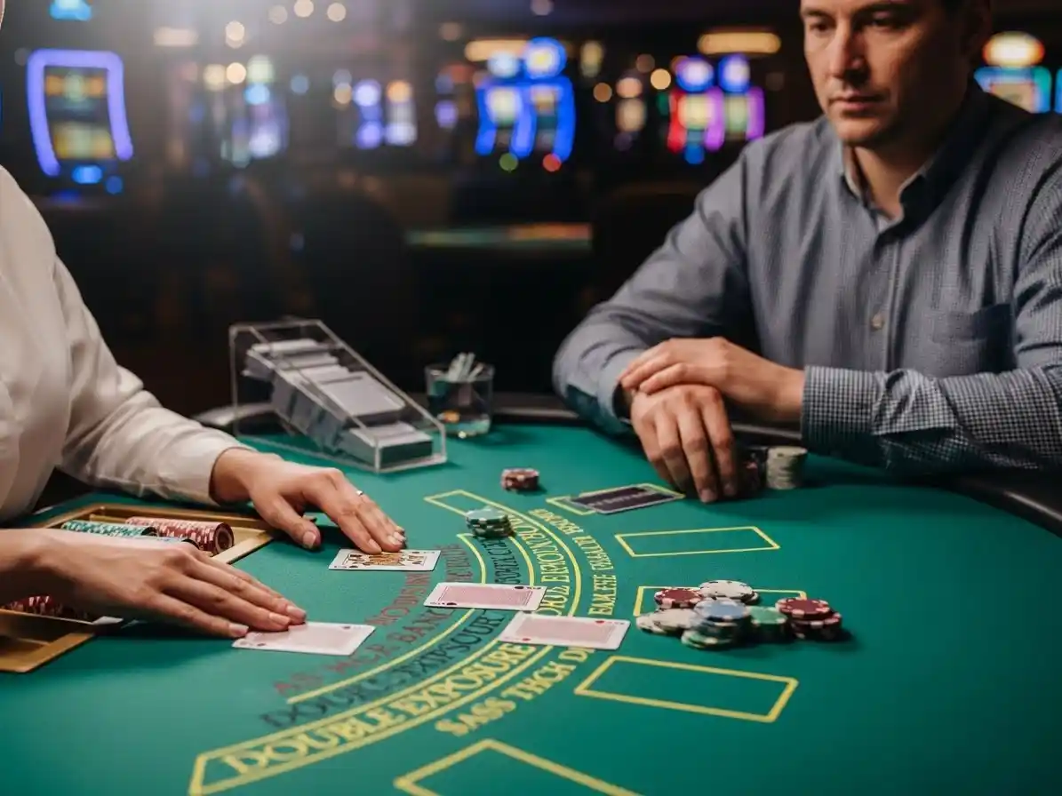 Person playing Double Exposure Blackjack at phjoy casino, viewing dealer’s face-up cards at a modern blackjack table.
