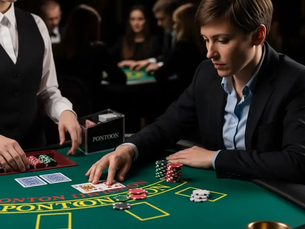 Excited poker-style player placing bets in Double Pontoon at rich9 casino login table.