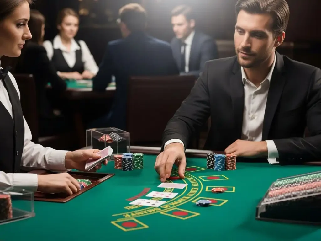 Focused person analyzing cards during a Double Pontoon game at rich9 casino login.
