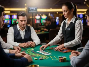 Person playing Double Pontoon at rich9 casino login, holding cards and planning their next move at the table.