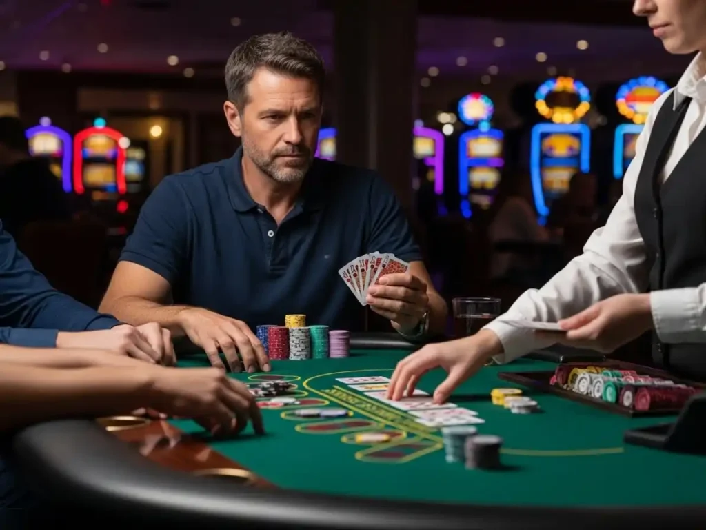 Casino player reacting to a Mississippi Stud hand at rich9 casino login table.