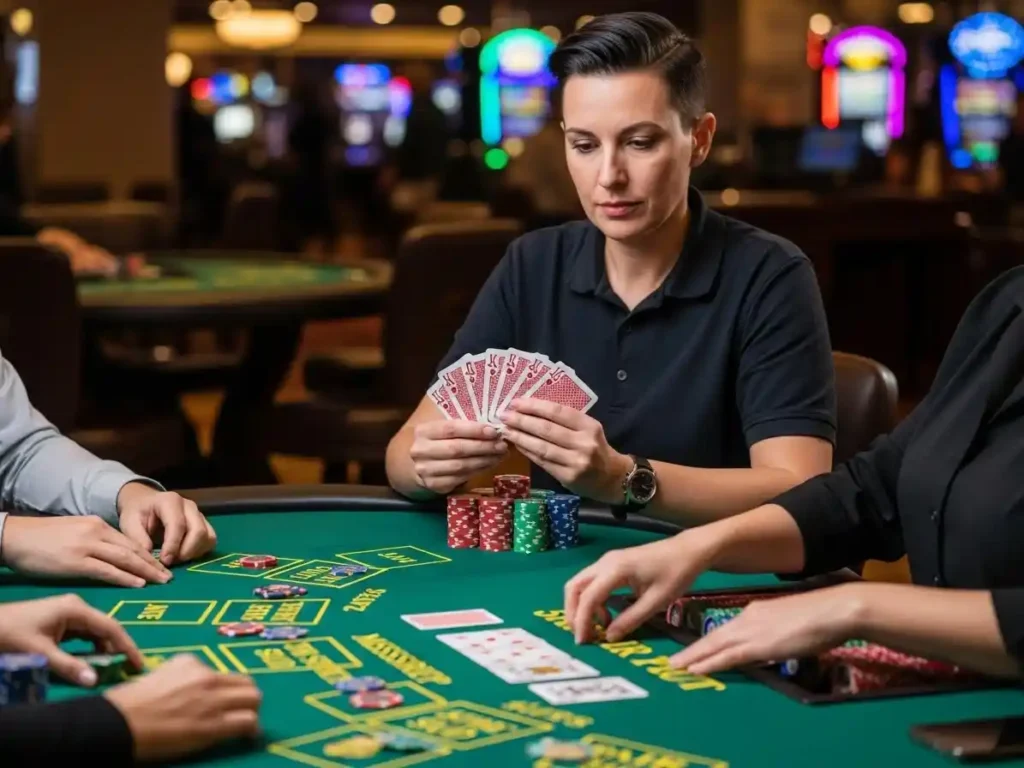 Gamer stacking chips during a Mississippi Stud round at rich9 casino login.