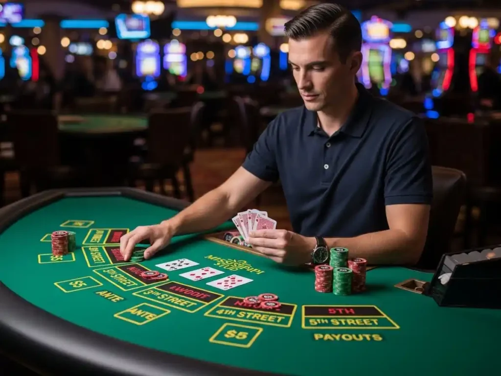 Focused casino guest placing bets on a Mississippi Stud hand at rich9 casino login.