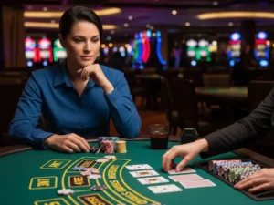 Person playing Mississippi Stud poker at a casino table, enjoying the game at rich9 casino login.