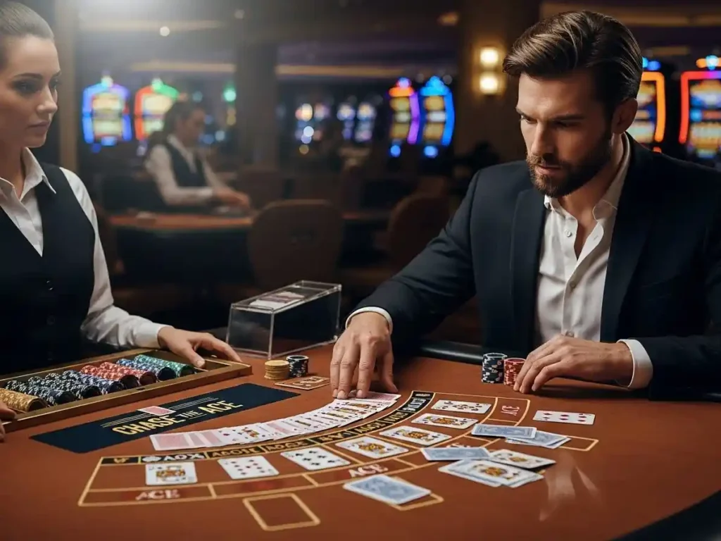 Excited player celebrating a win during Chase the Ace at solowin casino table.