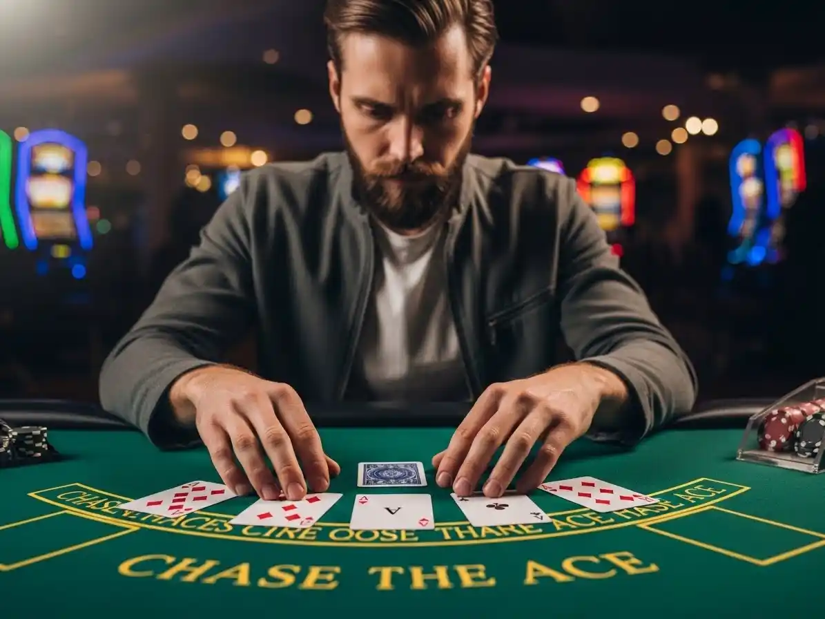 Person playing Chase the Ace at solowin casino, placing cards and chips on the table with focus.