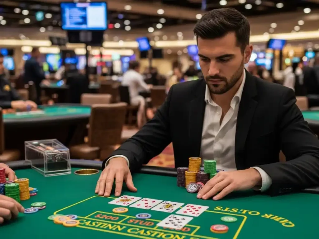 Poker enthusiast placing chips during a Casino Stud Poker game at tala casino.