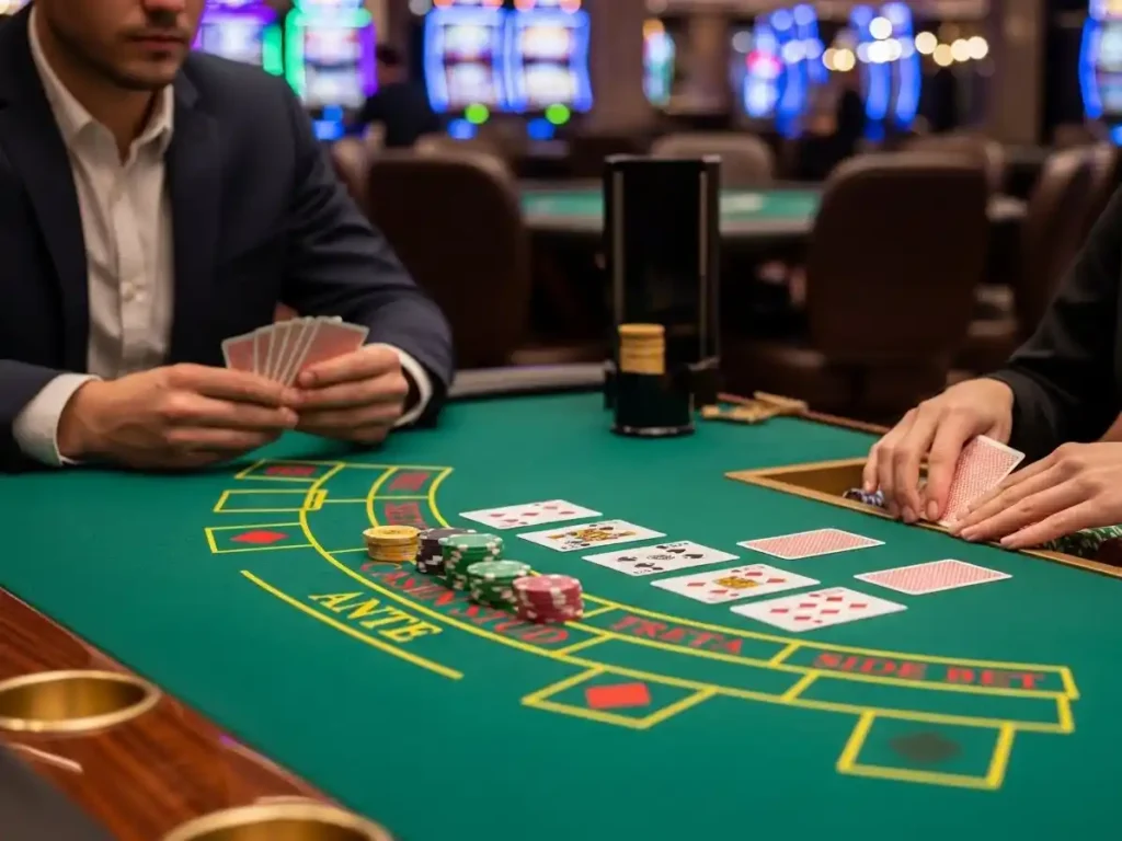 Focused player analyzing hand while playing Casino Stud Poker at tala casino.