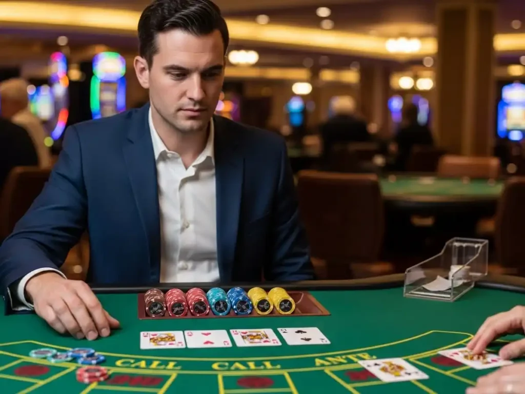 Casino guest placing bets on a Casino Stud Poker table at tala casino, with cards and chips in motion.