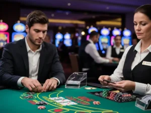Person playing Casino Stud Poker at tala casino, holding cards and poker chips with a focused expression.
