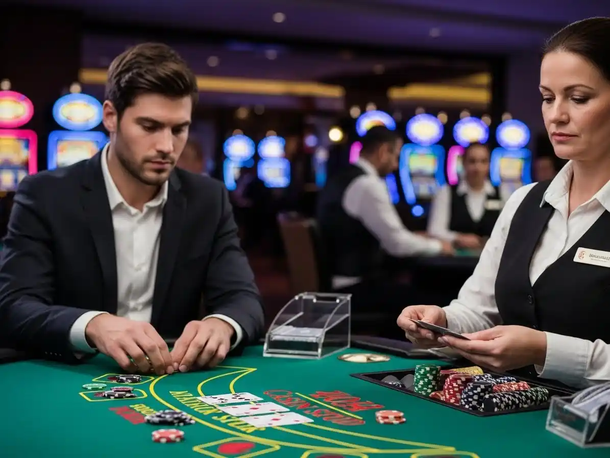 Person playing Casino Stud Poker at tala casino, holding cards and poker chips with a focused expression.