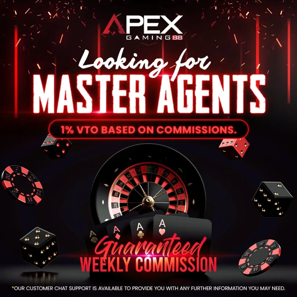 ApexGaming Agent Program banner showcasing opportunities for master agents with weekly commission payouts