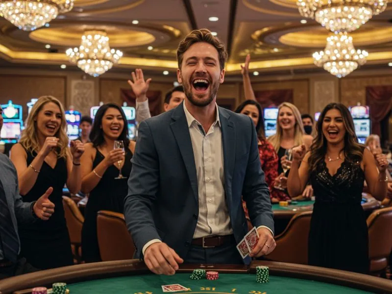 Happy friends cheering during an intense poker round at Boracay casino