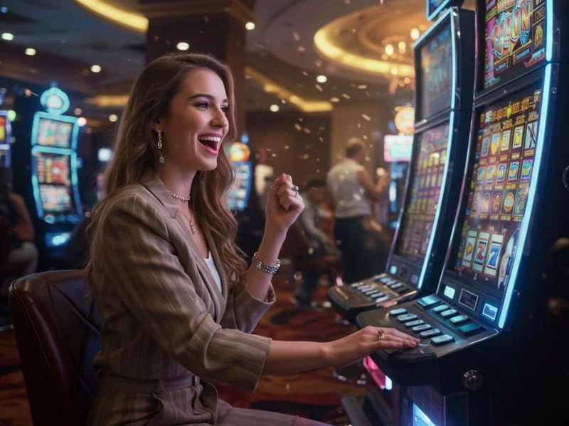 Happy lady smiling while spinning slot reels at BS88 casino