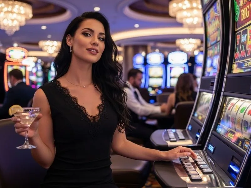Happy woman enjoying a slot machine at CashBet Casino
