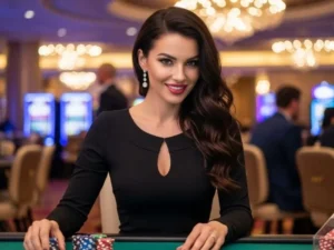 Lady happily placing a bet on a baccarat table at Cashbet Casino