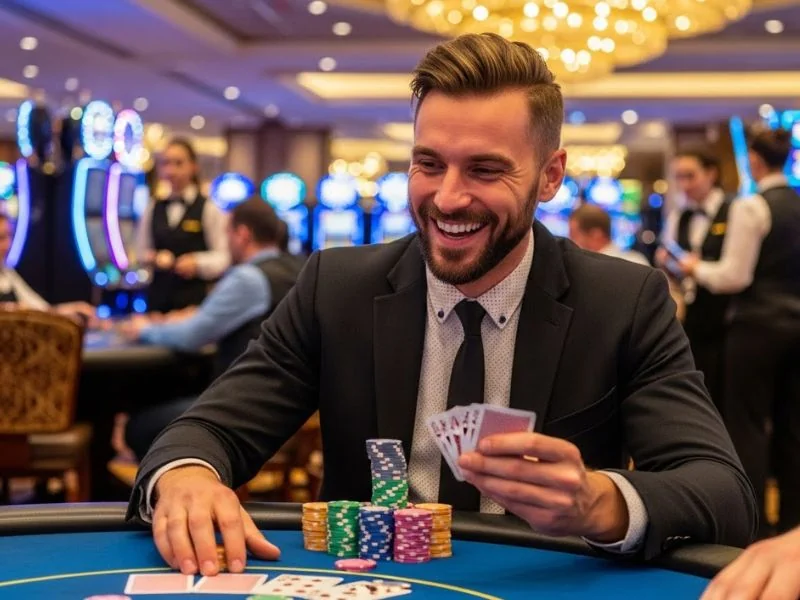 Buddy focusing on his poker hand while playing on the Casino La Vida app