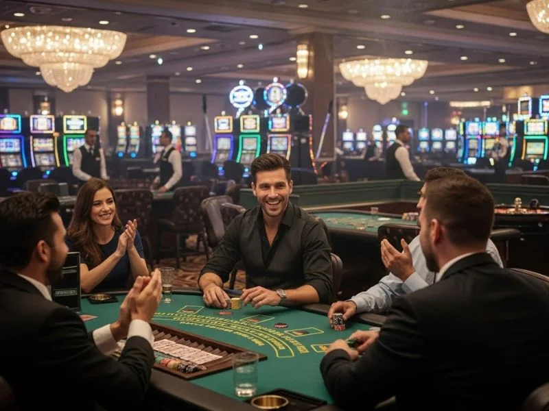 Group laughing while playing blackjack together on the Casino La Vida app