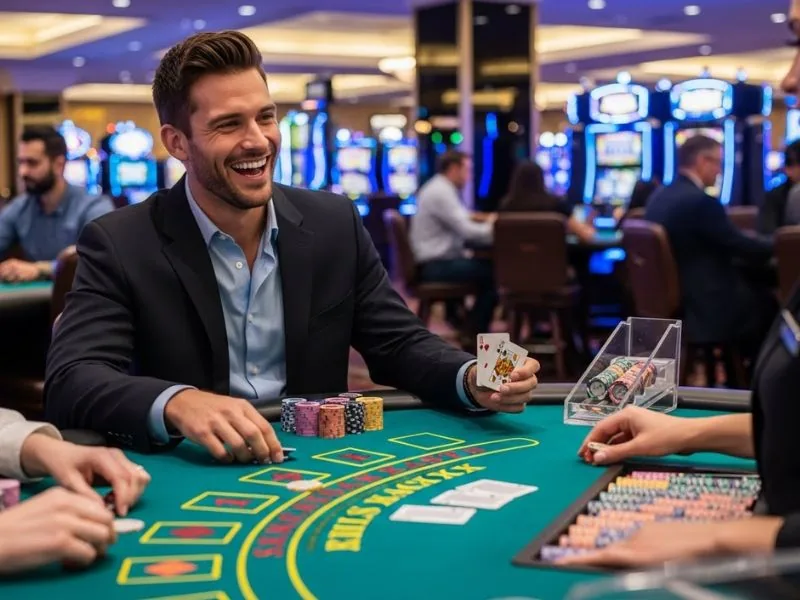 Player smiling while flipping poker cards on the Casino La Vida app