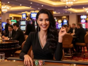 Happy lady smiling while holding poker chips at Grab Casino