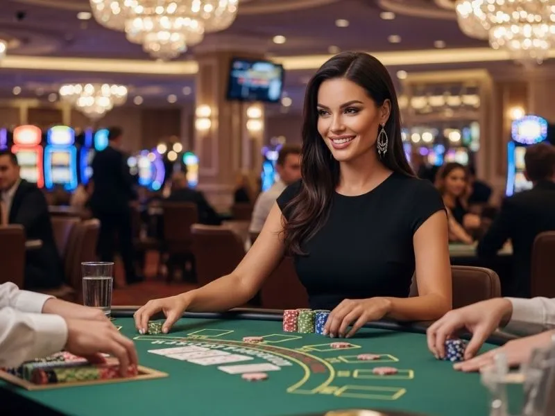Woman happily playing poker at a table in a grab casino, enjoying the exciting casino experience.