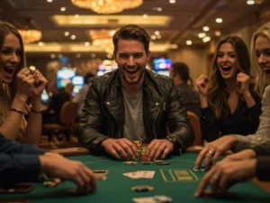 Happy circle of friends excitedly cheer for a win at Gstar28 Online Casino.