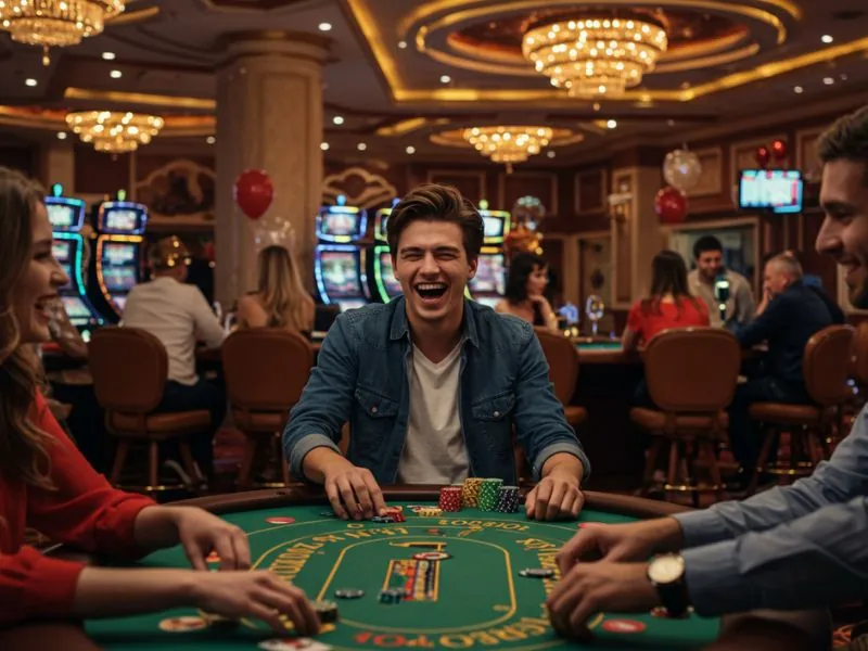 Happy friends cheering during an intense poker round at lodislot 777 casino online