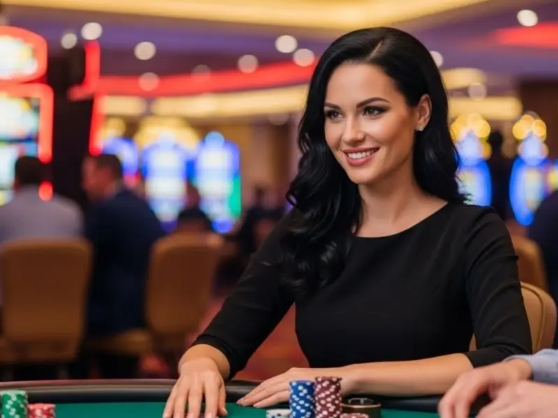 Excited poker player smiling at the table at Lucky Lion Casino