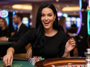 Woman enjoying a game at Lucky Lion Casino, happily playing the roulette wheel