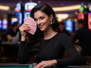 Grinning woman holding poker cards at Manila Bay Casino, enjoying the excitement of the game