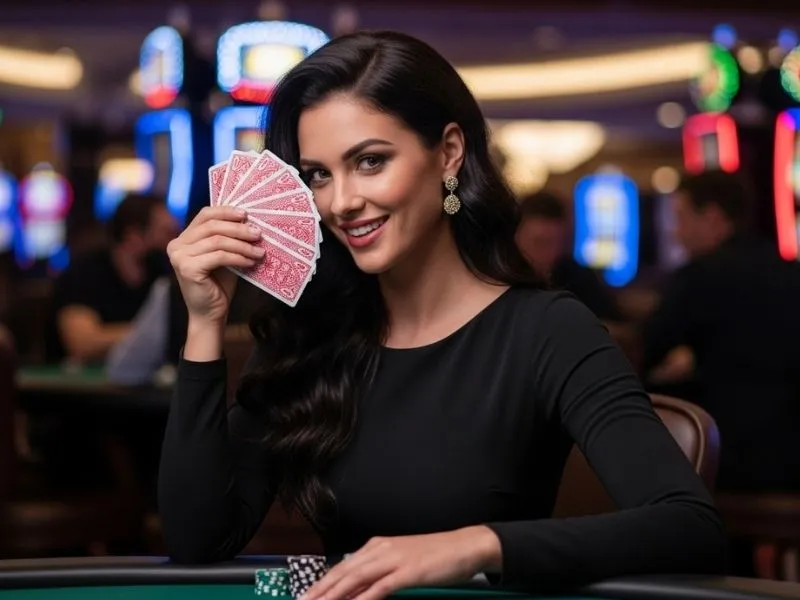 Grinning woman holding poker cards at Manila Bay Casino, enjoying the excitement of the game