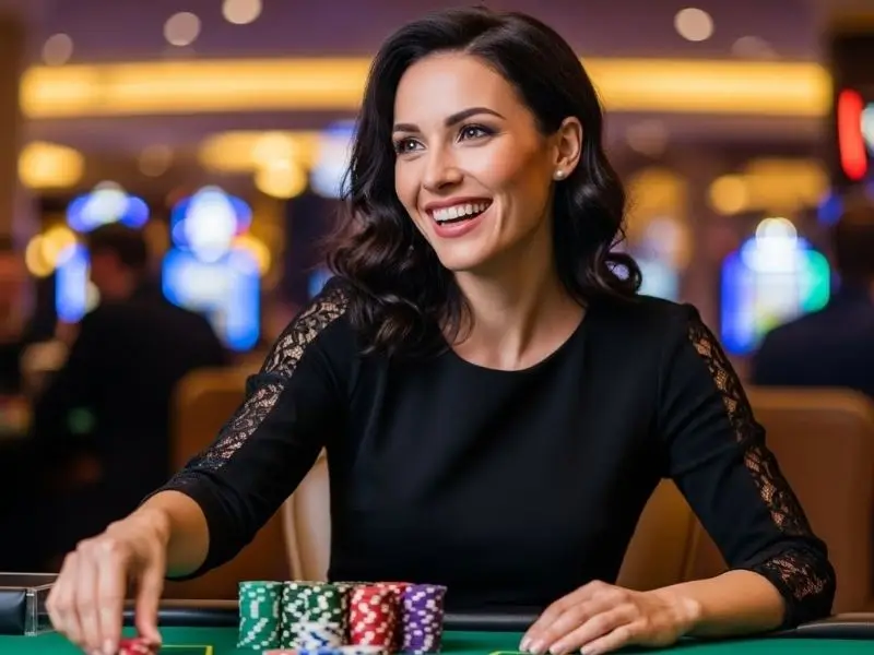 Woman happily placing a bet at a poker table during Masaya 365 Casino login registration