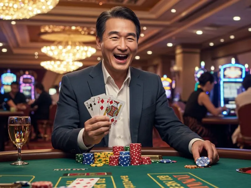 Happy man laughing while bluffing in a card game at PH Laro casino
